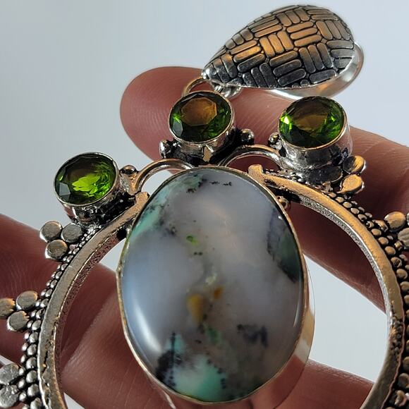 Handmade Silver Pendant – Dendritic Opal & Peridot + 20" Silver Snake Chain - Picture 9 of 10